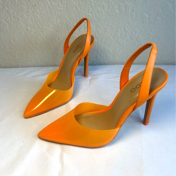 Aldo Sling Back Stiletto Size 7.5 Vinyl Apricot Orange Pointed Closed Toe Pump H - Picture 1 of 8